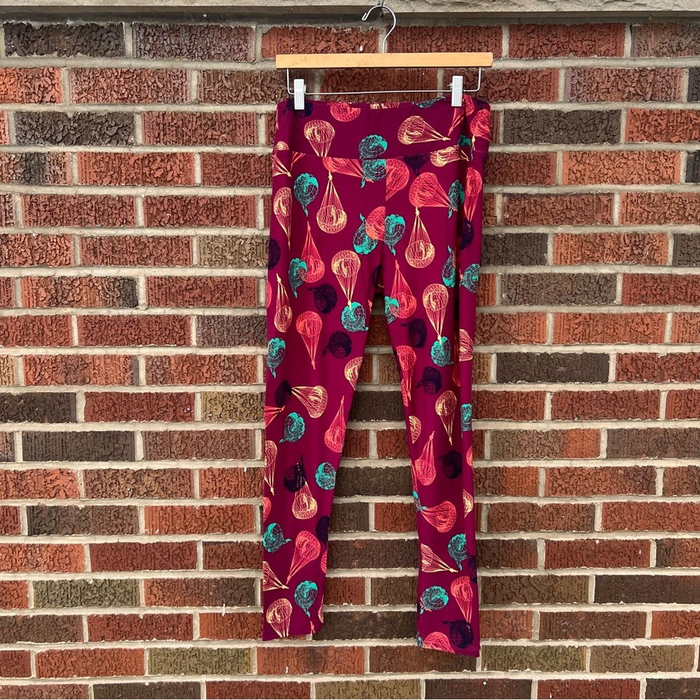 LuLaRoe Burgundy and Multicolore Parachute Pattern Mid Rise Leggings